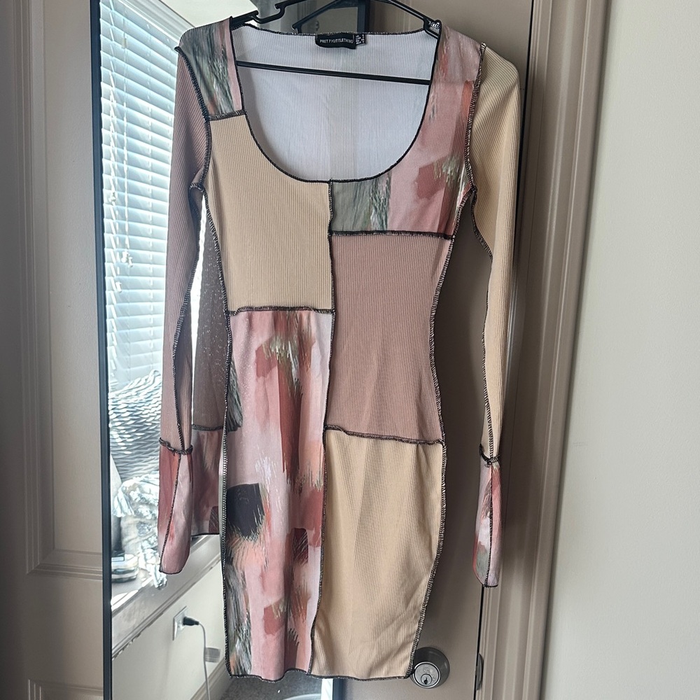 Fashion Nova Multicolor Patchwork Long Sleeve Dress